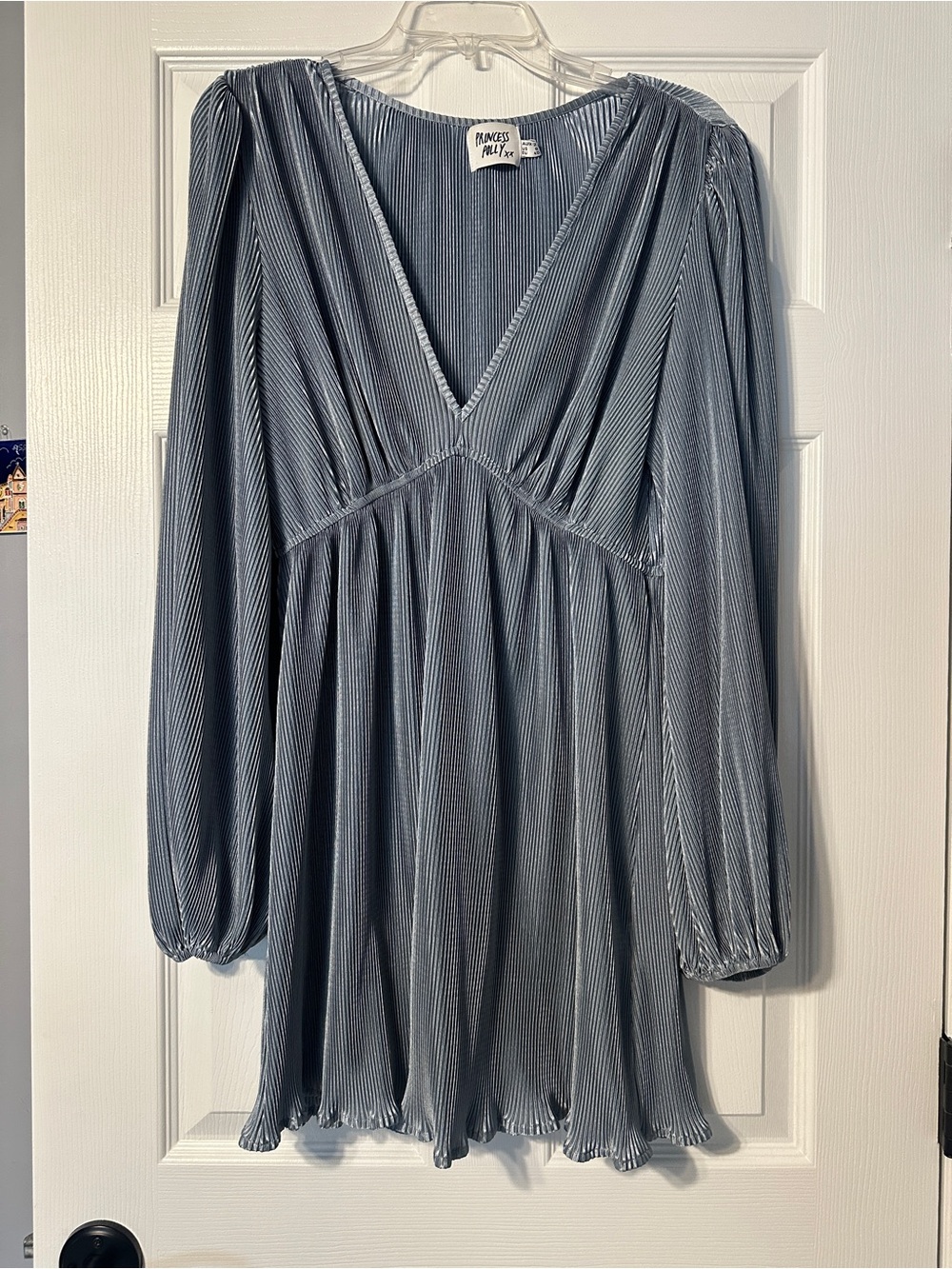 Princess Polly V-Neck Long Sleeve Mini Dress in Dusty Blue